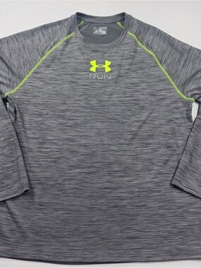 UNDER ARMOUR Men’s HeatGear Athletic Running Shirt, Gray/Neon Green, Fitted, 2XL